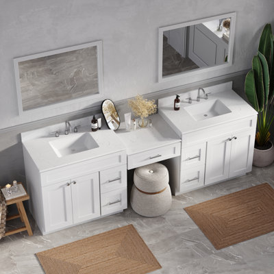  96'' Double Bathroom Vanity With Desk Dovetail Solid Wood Drawer With Carrara Quartz Top