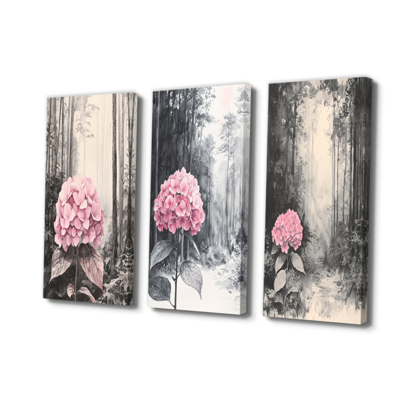 Hortensias dans la forêt monochrome I - Collection de décorations murales traditionnelles, H 40 po x l 60 po, Toile tendue