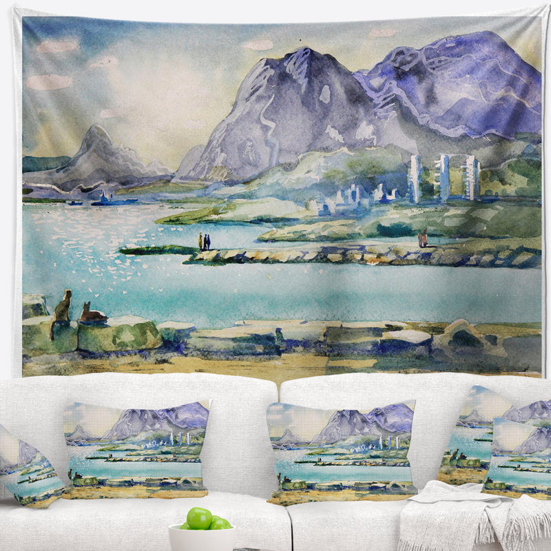 Paysage aquarelle blue hills tapisserie, H 32 po x l 39 po