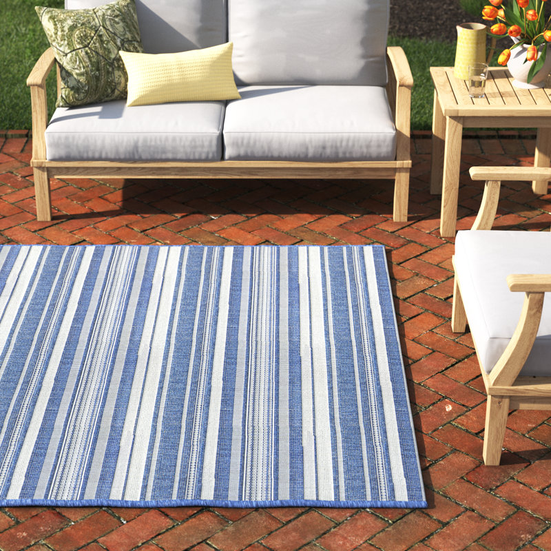 Sania Striped Indoor Outdoor Area Rug, Rectangle 7'6" x 10'9", Ivory / Blue