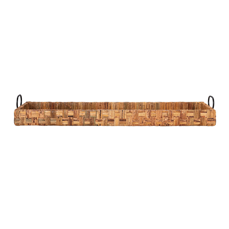 Oversized Hand-Woven Rattan Tray with Metal Handles, Dark Brown
