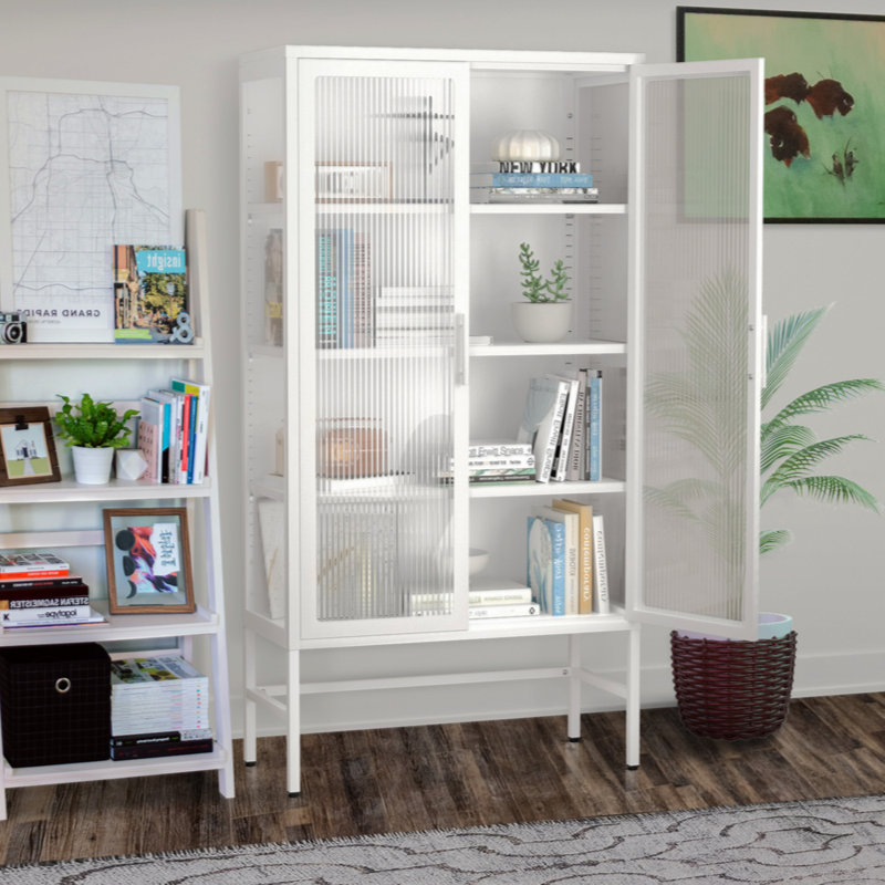 Armoire de rangement à double porte en verre avec tablettes réglables et meubles en acier laminé à froid