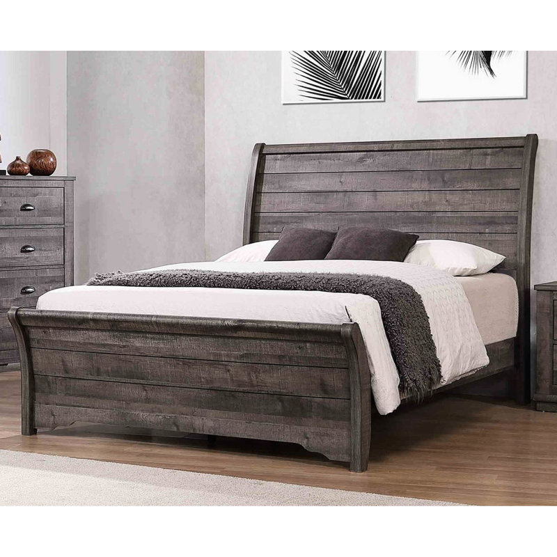 Grand lit gris de style contemporain, lignes horizontales sur la tête de lit, pieds de support, cadre en bois pour la chambre à coucher, sommier requis, finition à installation rapide avec nécessaire, simple