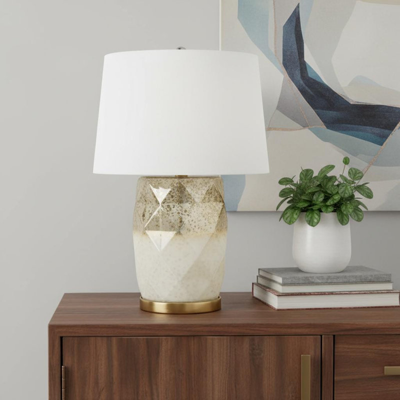 Lampe de table 22 "en verre au mercure blanc et or avec abat-jour conique blanc