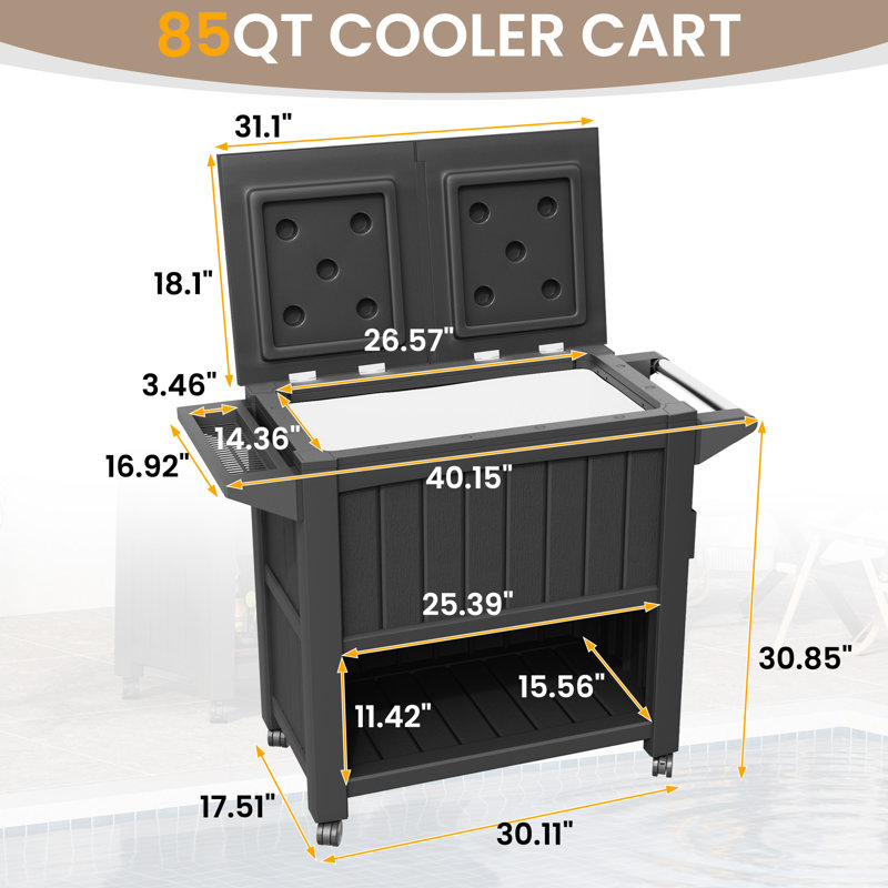 Glacière pour terrasse de 85 gallons à grande capacité avec roulettes, Noir, noir, noir, noir