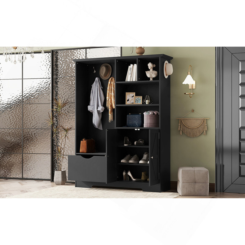 Arbre d'entrée multifonctionnel avec tablettes et tiroirs de rangement, armoire à chaussures élégante avec banc, portemanteau moderne avec crochets pour les entrées de couloir, noir