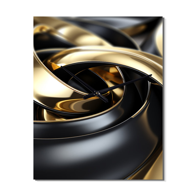 Horloge murale abstraite à spirale abstraite, or liquide et noir II, H 40 po x l 30 po x P 1 po