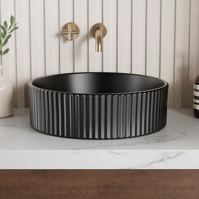KES 16 po. Lavabo vasque rond noir, vasque de salle de bain moderne en céramique pour lavabo de salle de bain au-dessus du comptoir