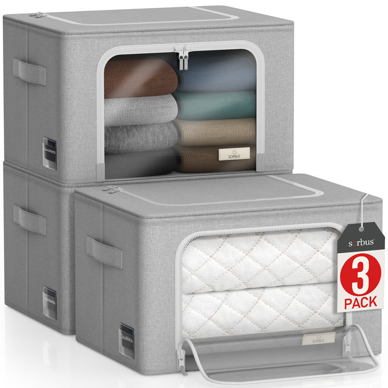Sorbus Medium Storage Box with Window Label Holder & Handles 3 Pack, Gray