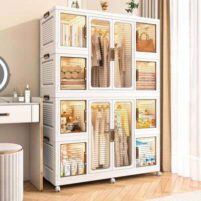 Portable White Wardrobe With 12 , 2 Hanging Rods And Organization Large Storage Closet Magnetic Doors. & For Clothes. Holds Items, Sheets. Pp Abs. Quick Setup.