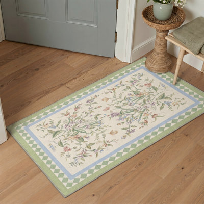 Tapis de porte antidérapant lavable à poils courts, motif floral ivoire/vert