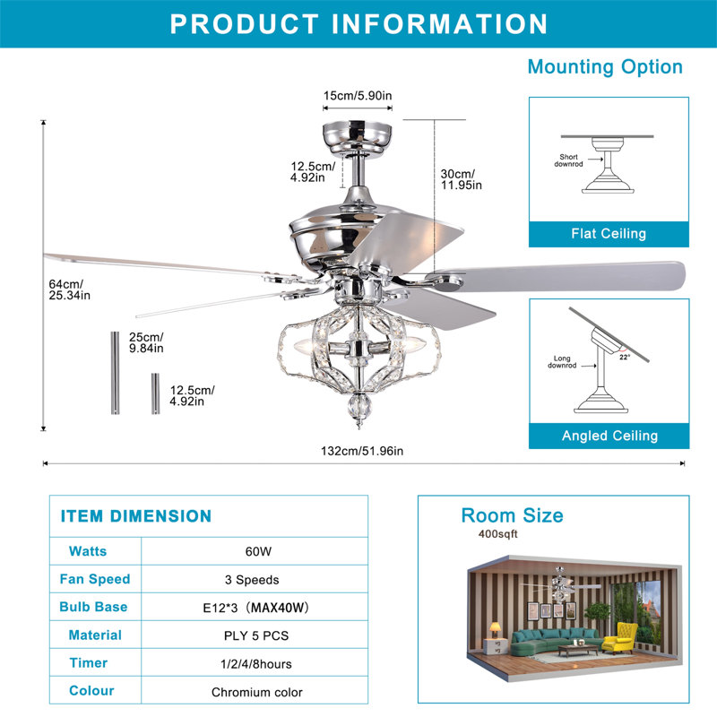 Johntavious 25.98'' Ceiling Fan with Light Kit