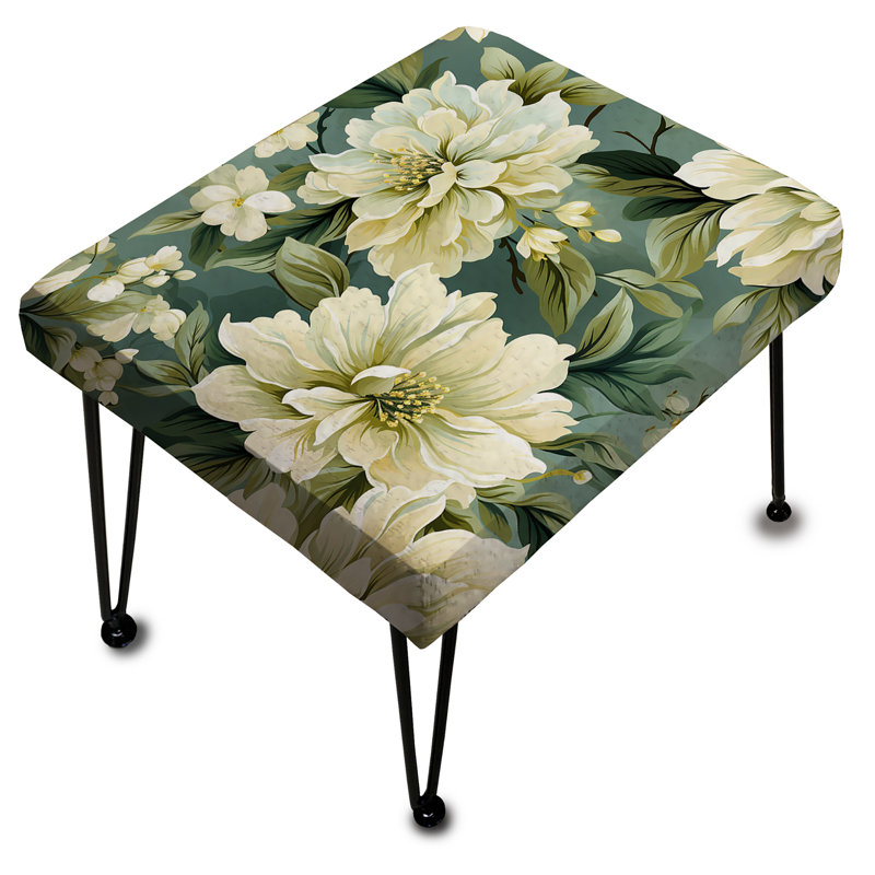 Beige And Green Peonies Damask Serenity II - Floral Rectangle Ottoman