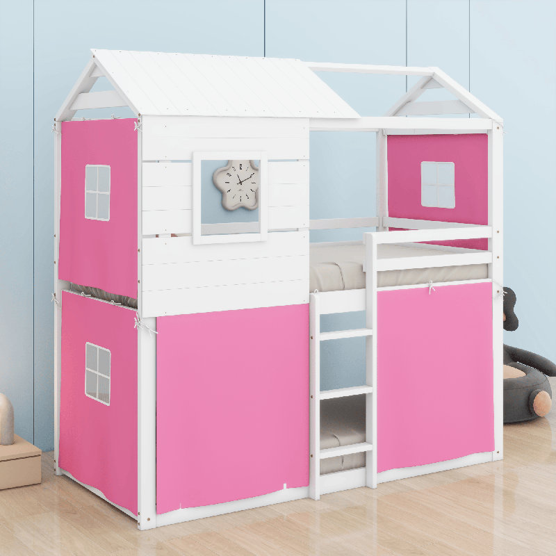 Bunk Wood House Bed With Tent, Twin Over Twin, Pink