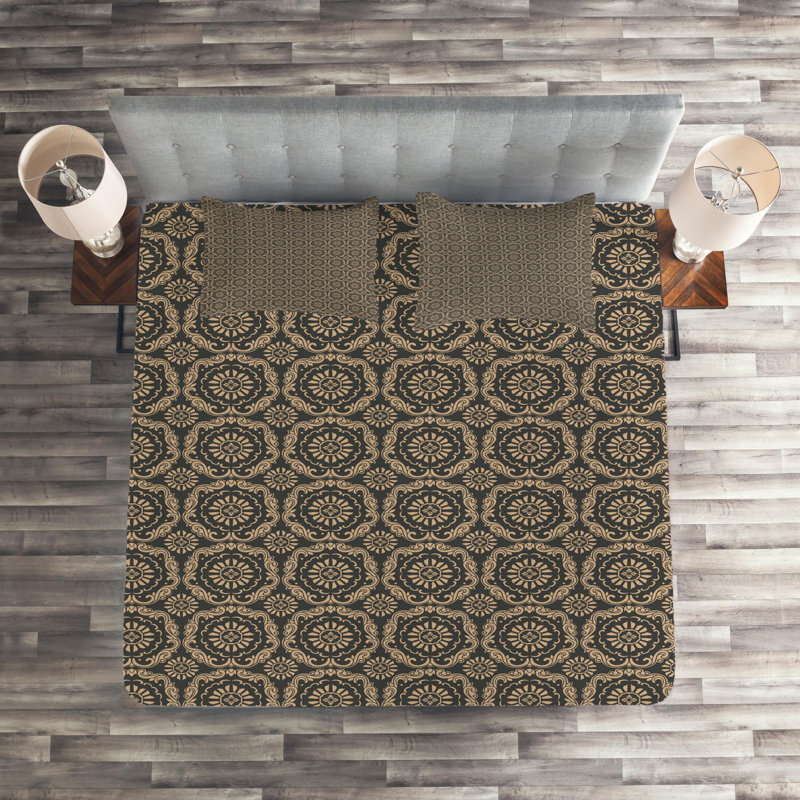 Traditional Damask Coverlet, King Bedspread + 2 Shams, Brown Damask