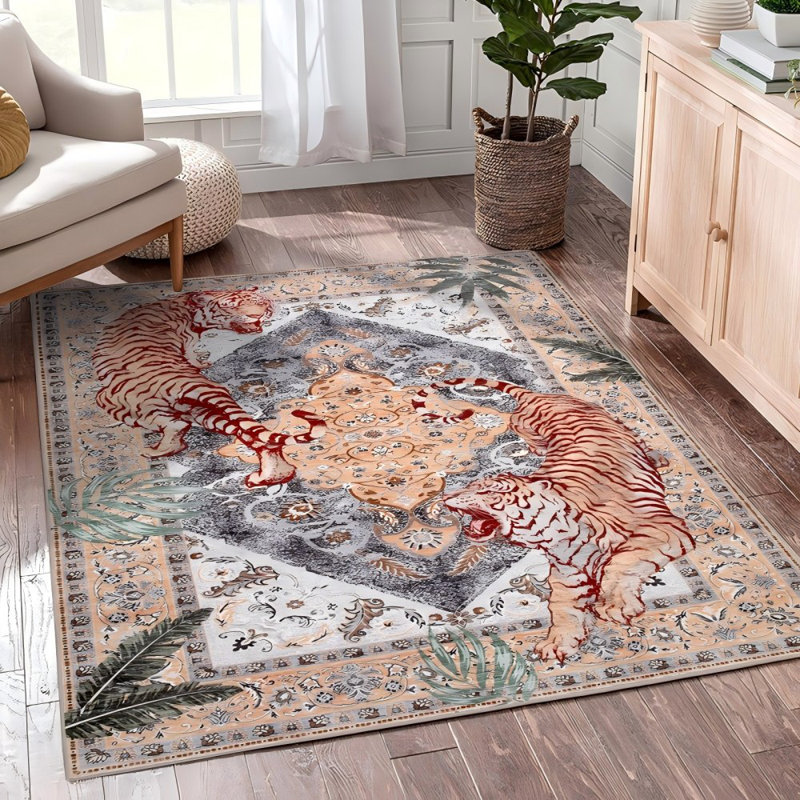 Tapis oriental oriental à motif tigré et lavable à la machine, Rectangle 6 pi x 9 pi