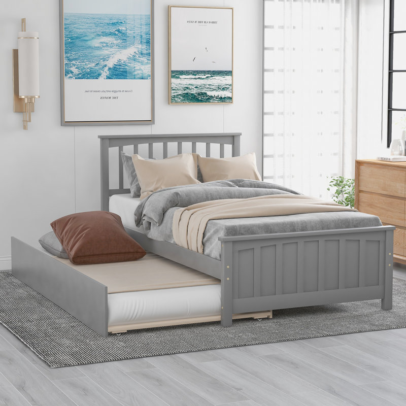 Lit plateforme simple en bois avec lit gigogne - Structure en pin massif, lit d'invité peu encombrant, Gris