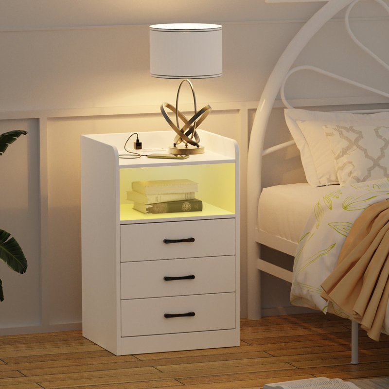 Ifsa Nightstand with Charging Station and LED Light Strips, End Table with USB Ports and Outlets, White
