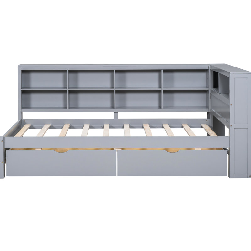 Lit de jour simple en bois gris avec tablette de rangement, 2 tiroirs et rangement