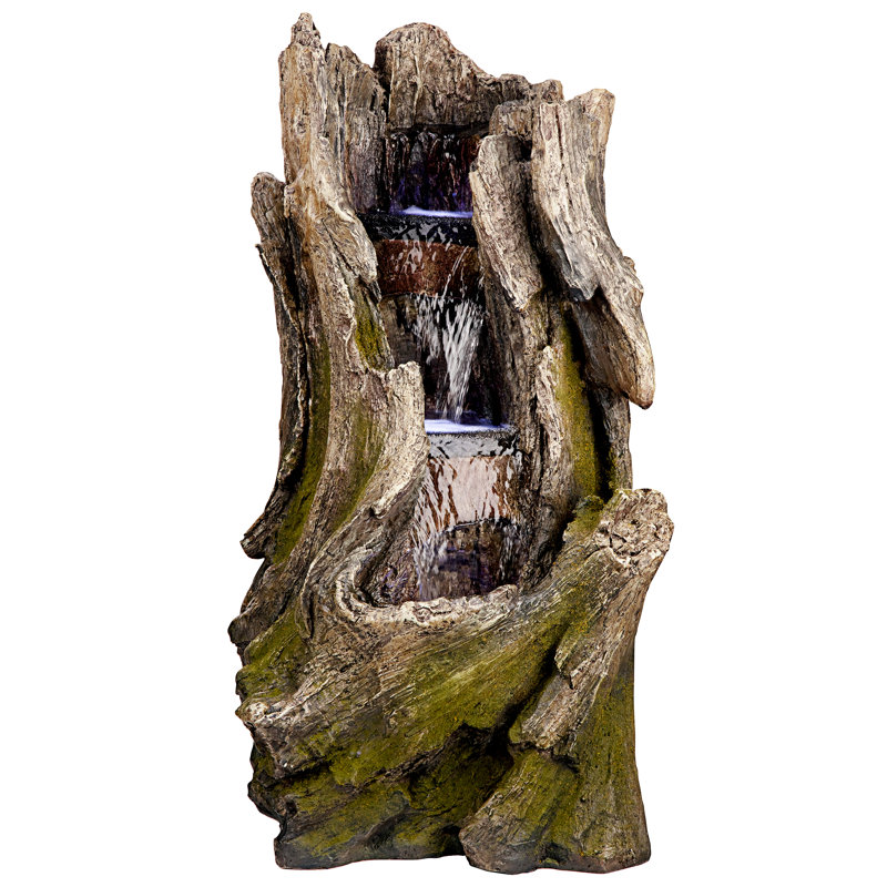 Natural Tree Trunk Resin Cascading Creek Garden Fountain with LED Light