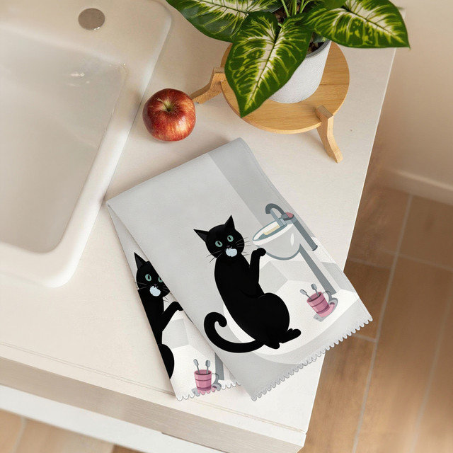  Linges de cuisine en microfibre, linges à vaisselle réutilisables absorbants, décoratifs résistants à la décoloration, 16 po x 24 po, brossage pour chat noir