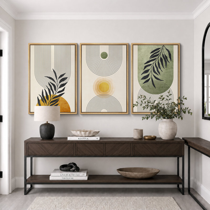 «Mid Century Modern Boho», pastel vert géométrique, feuille de palmier jungle, H 24 po x l 48 po, Brun