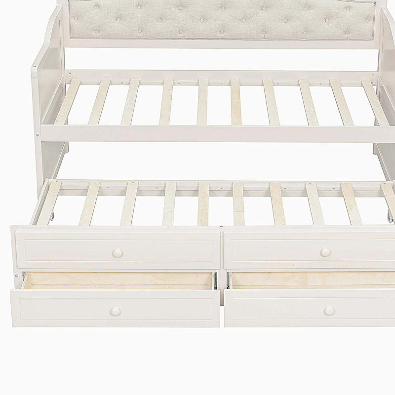 Twin Size Daybed with Trundle and 2 Storage Drawers, Wooden Sofa Bed with Upholstered Button Tufted Backrest, Beige
