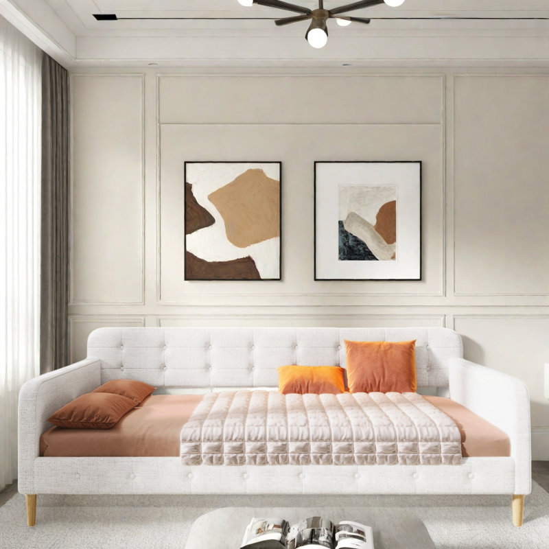 Lit de jour rembourré avec 4 pieds de soutien, Beige