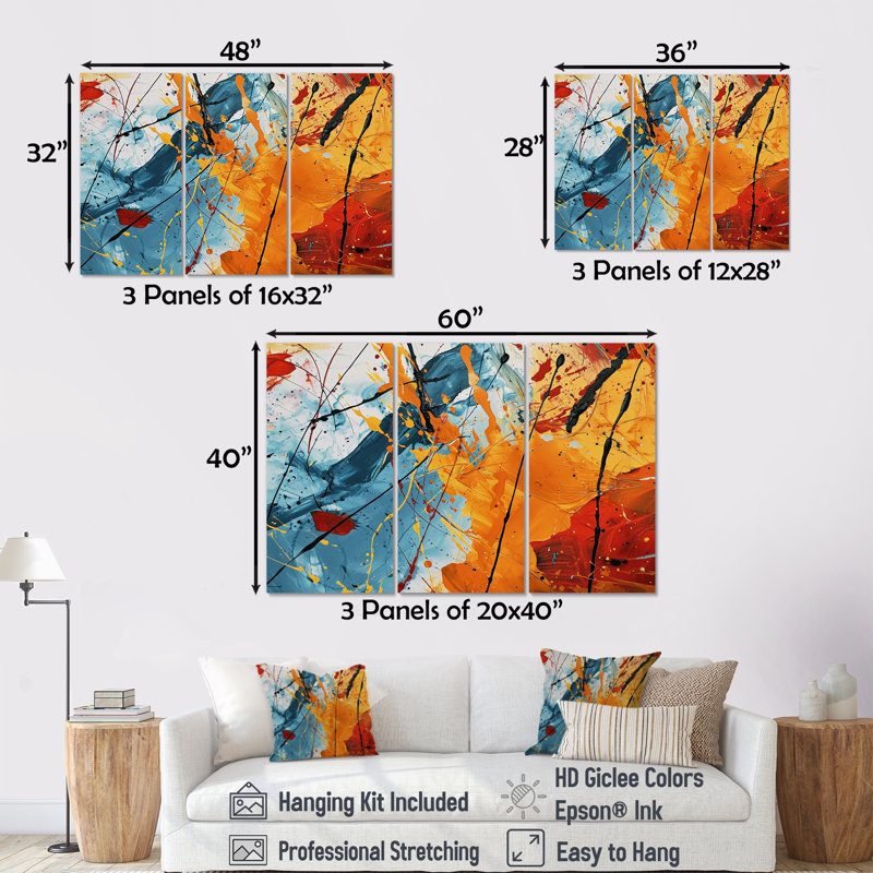 Splash Colorful Paint Retro Grunge - Abstract Wall Art Living Room Set, 32" H x 48" W x 1" D, Wrapped Canvas