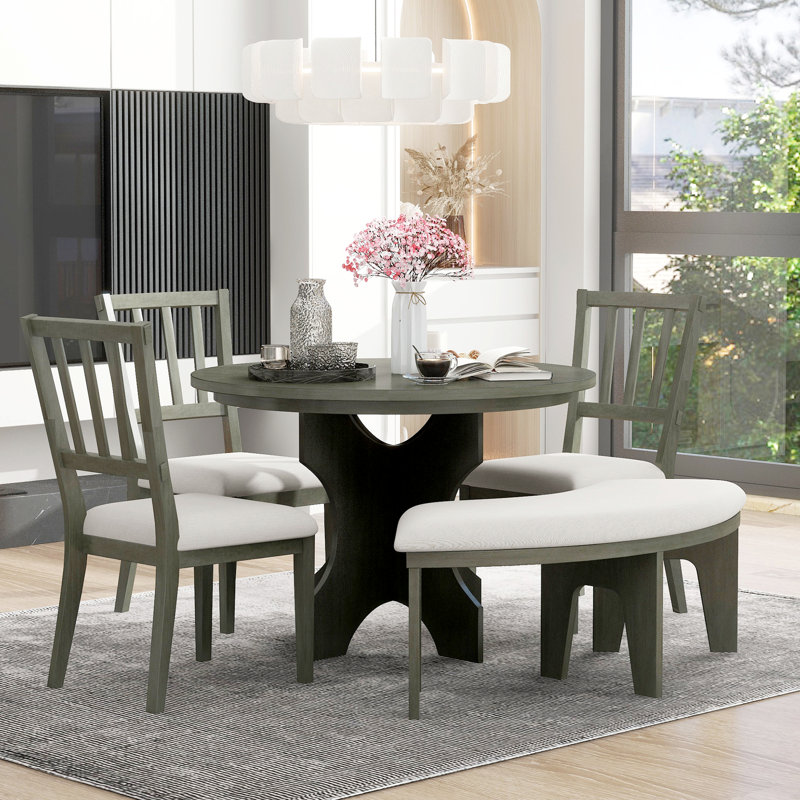 5-Piece Rustic Charm Round Dining Set With 3 Upholstered Chairs And Curved Bench, Grey/Beige
