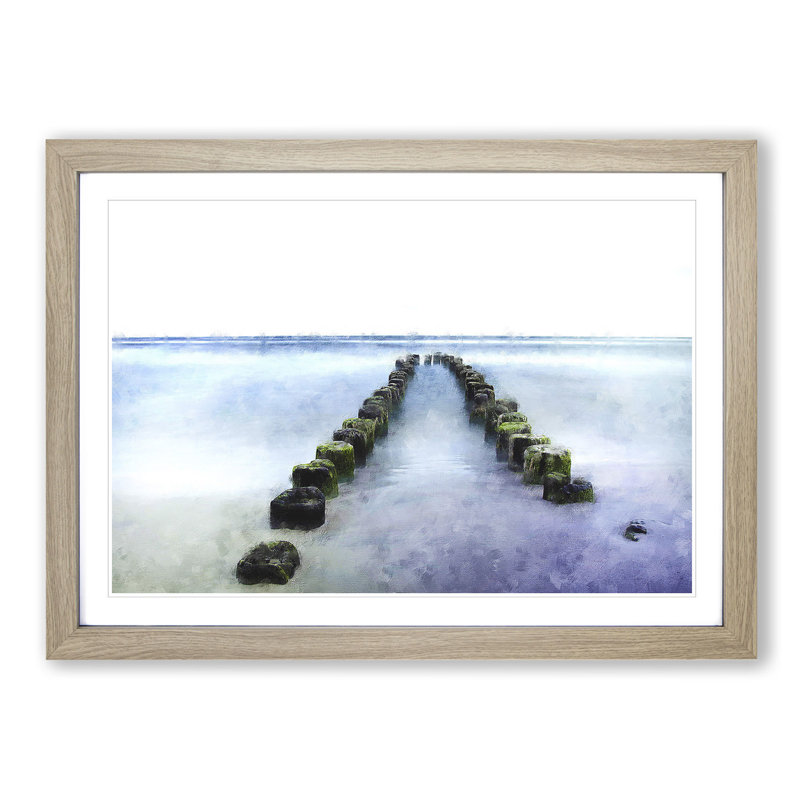 Breakwater In The Baltic Sea Painting - Single Picture Frame Print on MDF, 33cm H x 45cm W x 2cm D, Oak