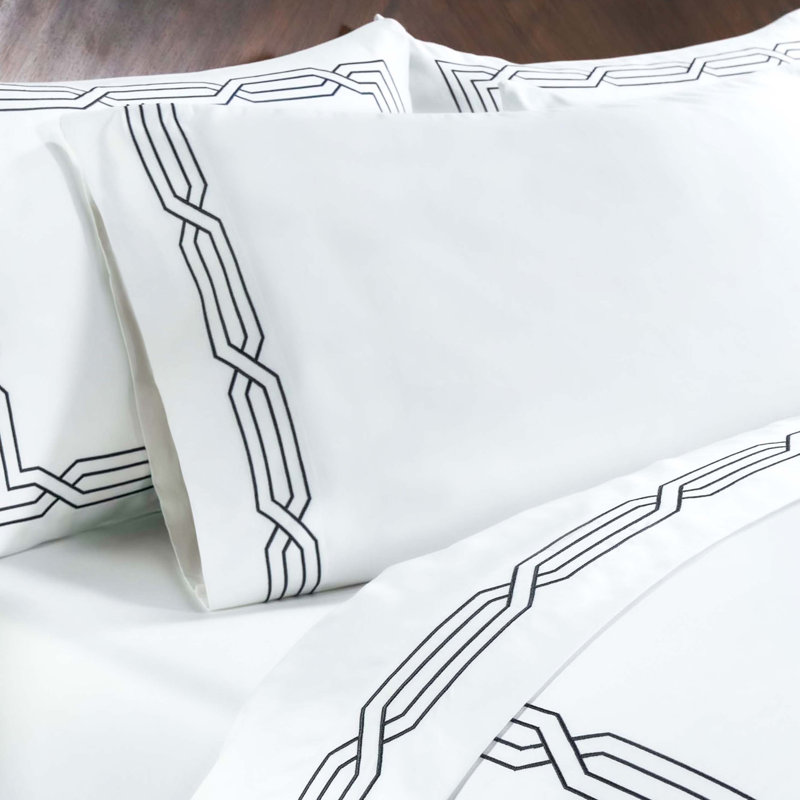 1200 Thread Count 100% Egyptian Cotton Geometric Embroidered Scroll Bed Sheet Set, King, White/Charcoal