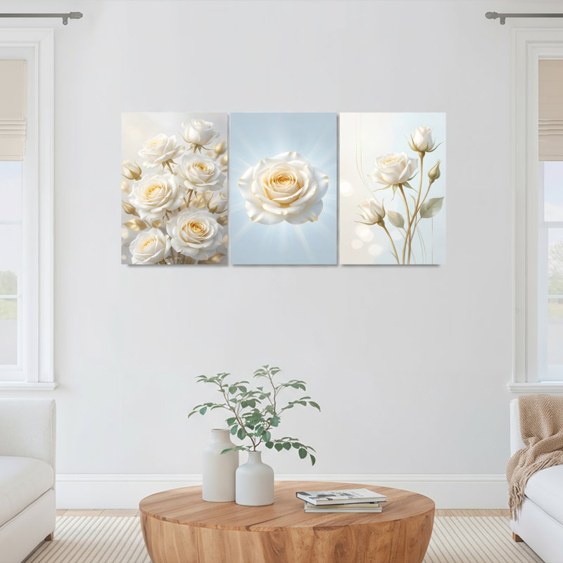 Ensemble de 3 tableaux muraux sur toile à motif floral de roses blanches, pour la décoration du salon et de la chambre.