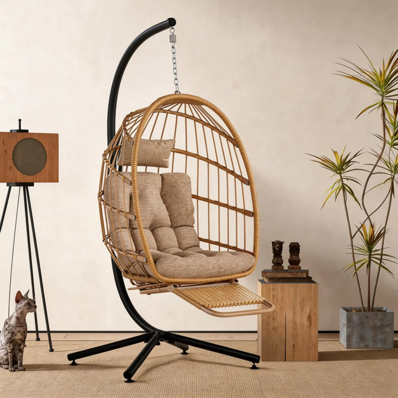 Fauteuil à œufs avec support et repose-pieds Swing, Beige/noir