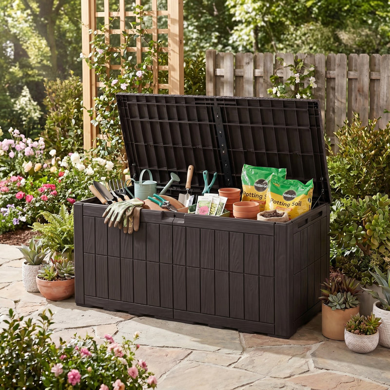 Coffre de terrasse en résine résistant aux intempéries 110 gallons avec serrure Edrosie Inc, brun foncé, 110 Gallons