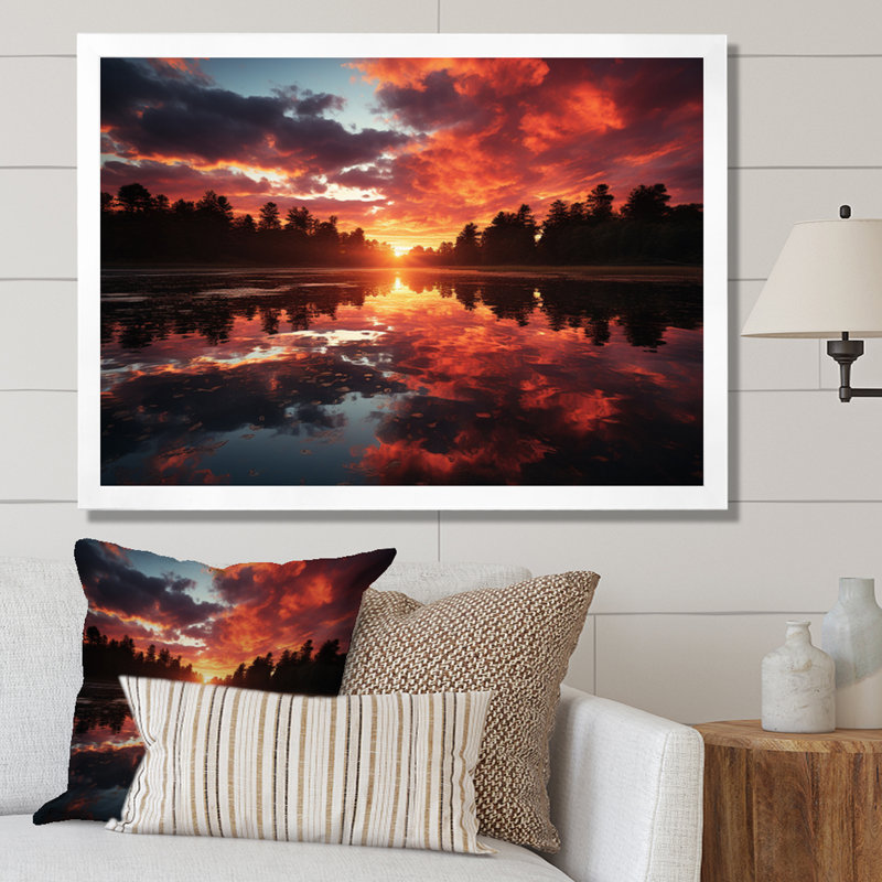 Coucher de soleil sur le lac, H 34 po x l 44 po x P 1,5 po, Cadre photo blanc
