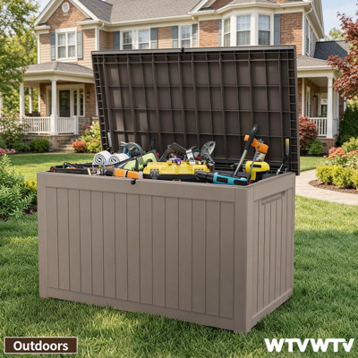 Coffre de terrasse verrouillable en résine résistant à l'eau de 270 gallons, coffre de rangement en résine résistant aux intempéries, grande capacité verrouillable, banc de rangement extérieur polyvalent