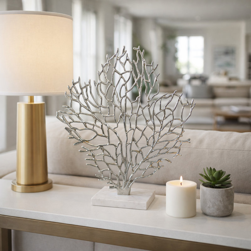 Sculpture Beti - Métal - Design d'inspiration corail avec base en marbre, H 21 po x l 19 po x P 4 po, Argent argent