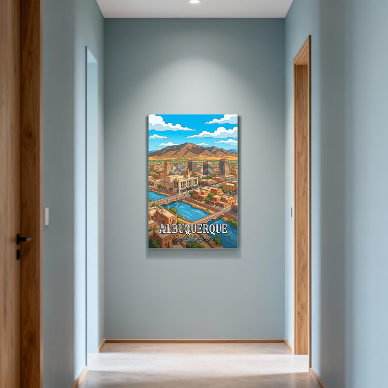 Paysages pittoresques et urbains Albuquerque avec montagnes et rivière, H 24 po x l 16 po