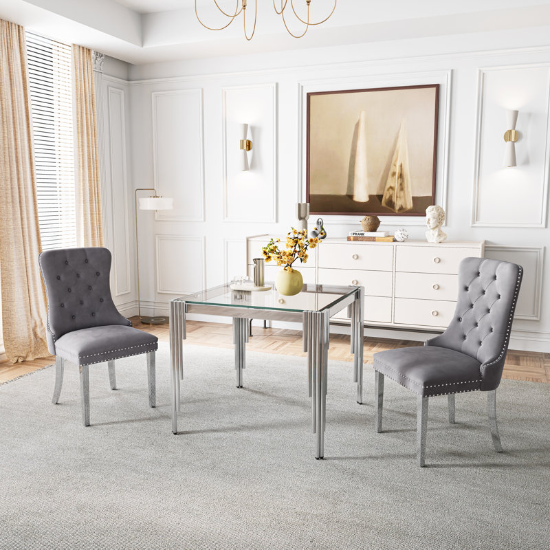 35.43" Contemporary Square Dining Table With Tempered Glass Top And Stainless steel Legs,kitchen table,dining table, Clear