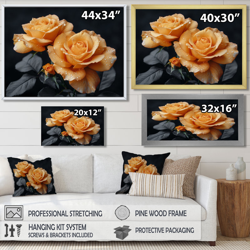 Monochromes roses noires et jaunes Bloom I - Roses, art mural, Cadre flottant doré, H 30 po x l 40 po