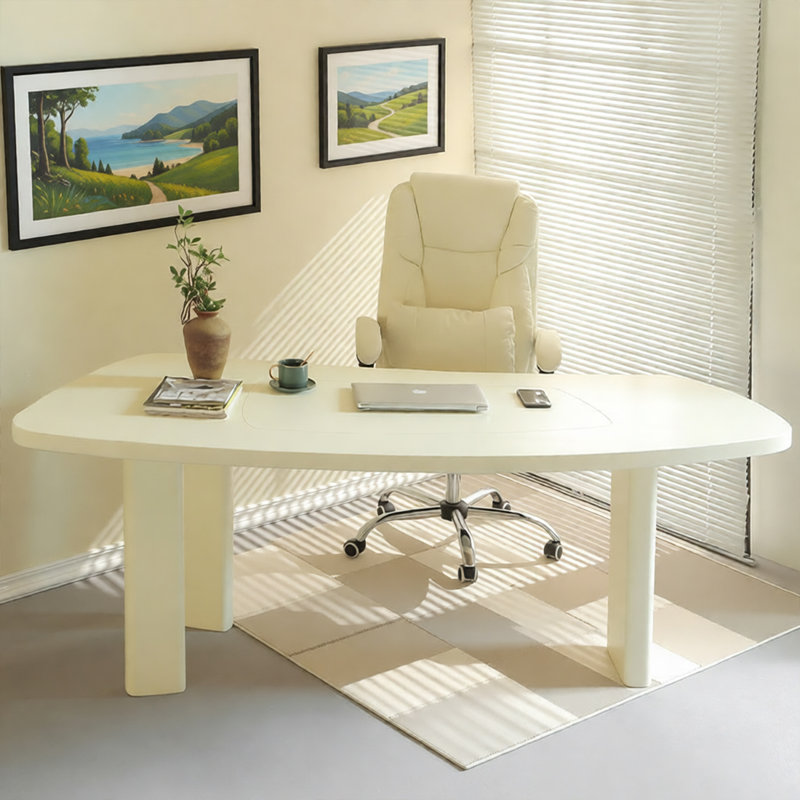 Beige-white Curved Solid Wood desk, Beige, 29.53" H x 70.87" W x 27.56" D