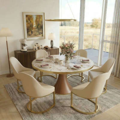 4-8 Seats Mid-Century Luxury Dining Table Sets With Leather Upholstered  Stainless Steel Base Dining Chairs