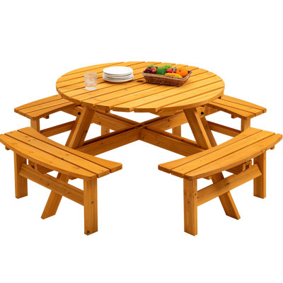 8 Person Wooden Picnic Table, Outdoor Camping Dining Table With Seat, Garden, DIY W/ 4 Built-In Benches, 2220Lb Capacity