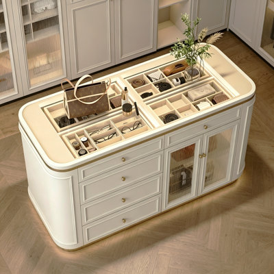 Meuble à bijoux de luxe de 62,99 po en bois massif à plusieurs niveaux, style français – Plateau en verre trempé avec bande lumineuse d'ambiance tactile, portes vitrées cannelées à plusieurs tiroirs, compartiment supérieur de rangement, rangement par zones pour les bijoux et produits de beauté, rangement et décoration intérieure