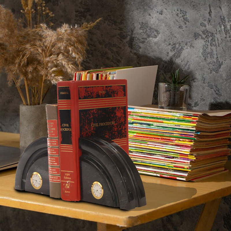 Serre-livres en quart de lune avec horloge, zèbre noir, 5,25 po x 5,25 po, 7 lb
