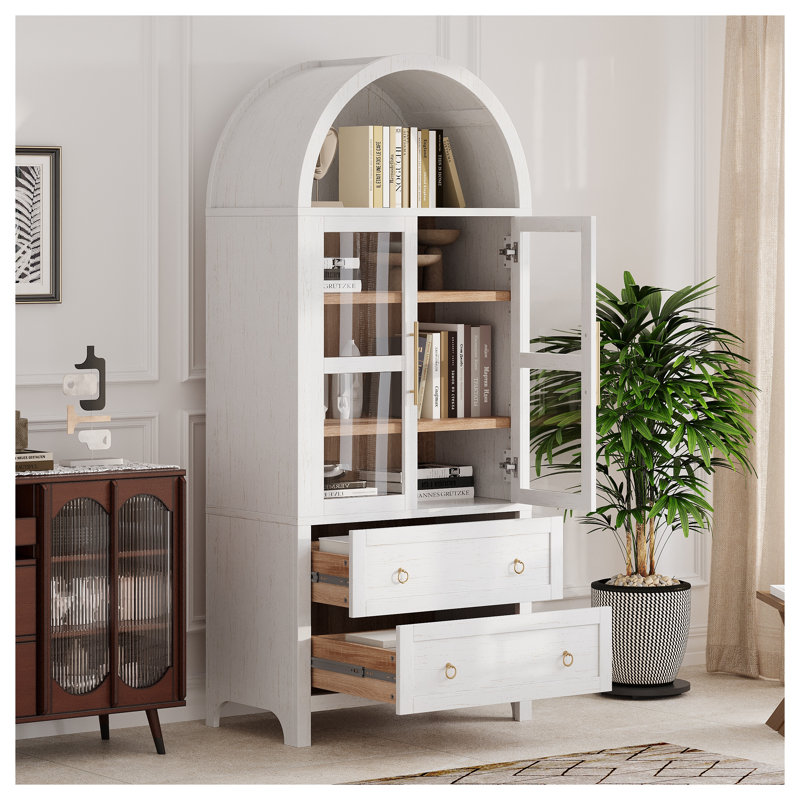 K&K - Grand garde-manger arqué de 71 po avec portes en verre, armoire de rangement de style campagne moderne et tablettes réglables, blanc
