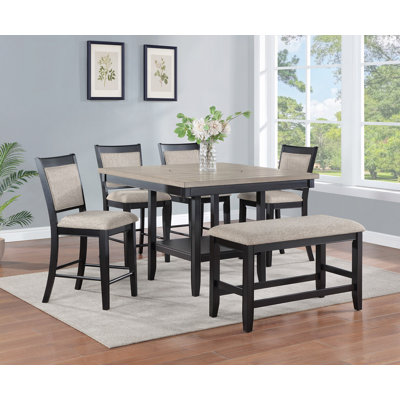 6Pc Dining Set Contemporary Farmhouse Style Counter Height W 20-Inch Lazy Susan Tow-Tone Finish Upholstered Chairs Bench Wooden Wood Veneers Solid Wood Dining Room Furniture