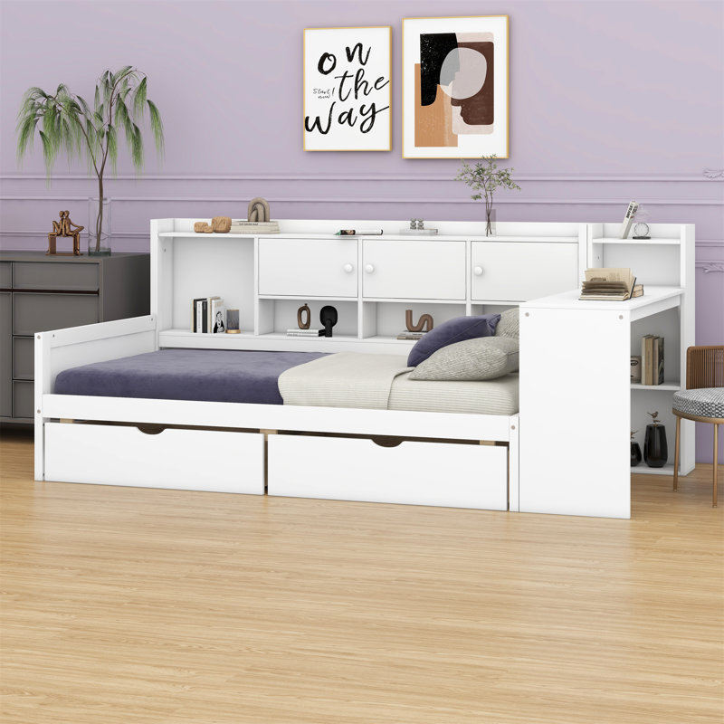Wooden L-Shape Daybed With Seven Storage Cabinets,Two Storage Drawers,Study Desk And Built-In Bookshelf, White, Twin