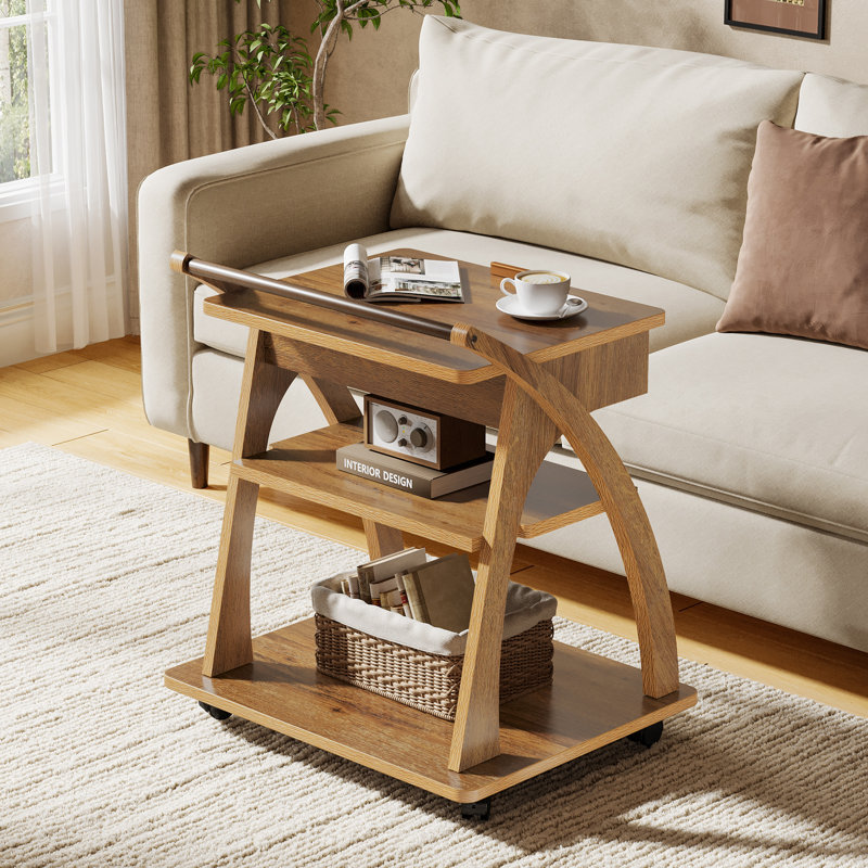 Side Table With Wheels, 3-Tier End Table For Couch With Adjustable Tabletop